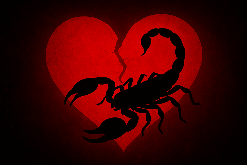 Black scorpion on broken red heart